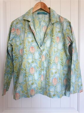 Needham Lane Blue Green Floral Button Up Shirt 100% Cotton Lagenlook Small